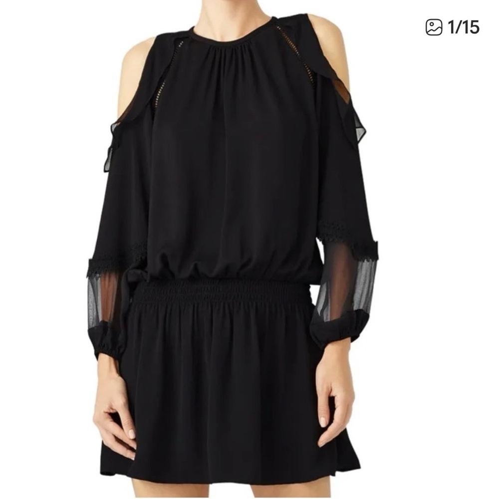 Ramy Brook Black Cold-Shoulder Duffy Mini Dress with Sheer Sleeves Size Medium
